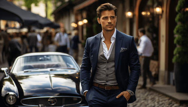 A confident man in a tailored navy suit with a grey vest stands on a bustling street, with a sleek black vintage car parked behind him. His poised demeanor and sharp outfit reflect a person capable of making important decisions, embodying success and sophistication amidst an urban backdrop.