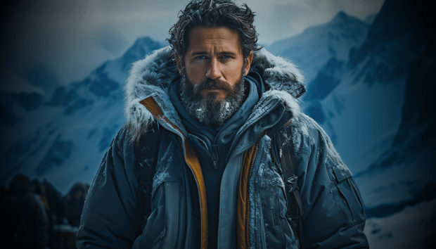 A rugged man with a frosted beard stands in a snowy mountainous landscape, embodying perseverance as he faces harsh winter conditions in his thick, fur-lined parka, determined and resilient against the icy wilderness backdrop.