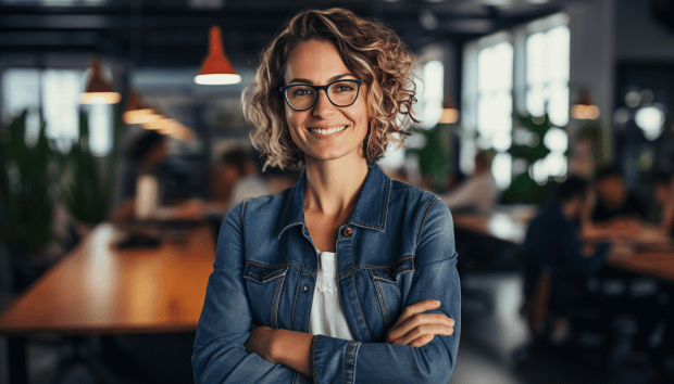 How to Develop an Entrepreneurial Attitude: 4 Effective points to consider 6 Confident woman with curly hair and glasses smiling and standing with arms crossed in a modern office, embodying an entrepreneurial attitude.