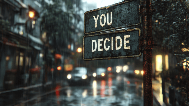 Scarcity Keeps You Safe. Abundance Makes You Unstoppable. Choose Wisely. 6 A rain-soaked street sign reading “You Decide,” symbolizing the power of mindset and personal choice in developing an abundance mindset.