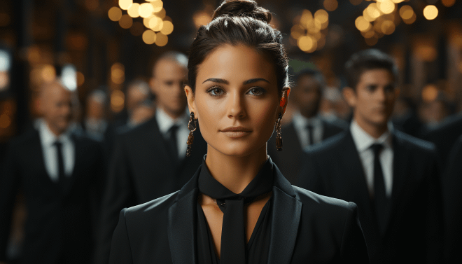 Confident young woman in a black suit stands prominently in a group, symbolizing an entrepreneurial mindset and leadership. Her poised demeanor and professional attire highlight her role as a successful entrepreneur in a formal setting.