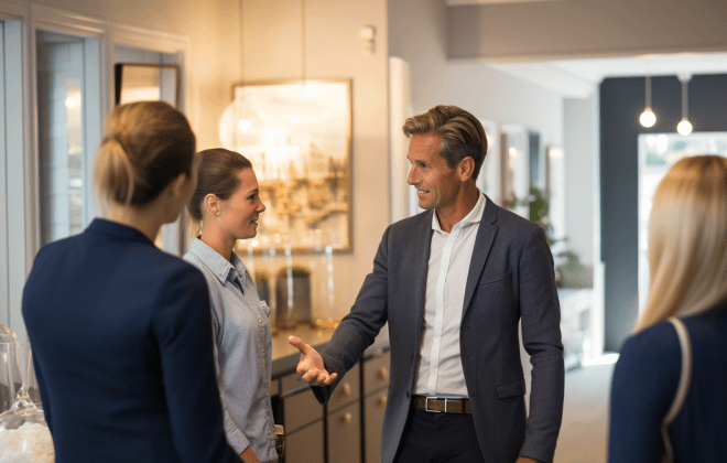 8 Habits of Successful Leaders You Should Consider Practising 6 A group of professionals engaging in a conversation in a modern office setting, showcasing the habits of successful leaders you should consider practising to enhance leadership and teamwork.