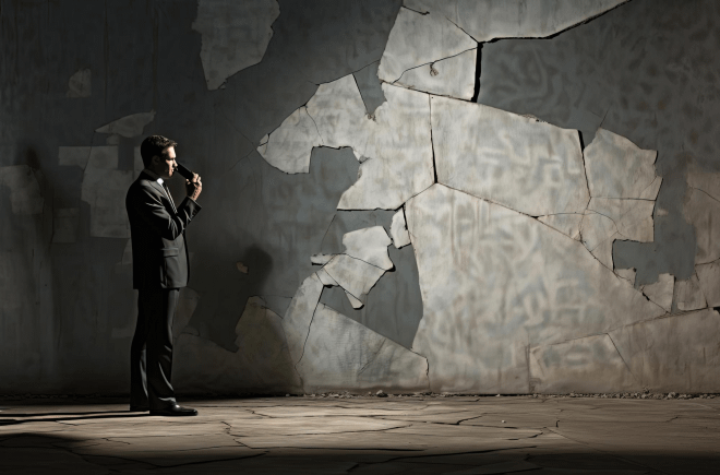 5 Hidden Roadblocks That Catch Entrepreneurs Off Guard 6 A businessman in a dark suit stares at a large, cracked concrete wall symbolizing hidden entrepreneurial challenges and roadblocks.