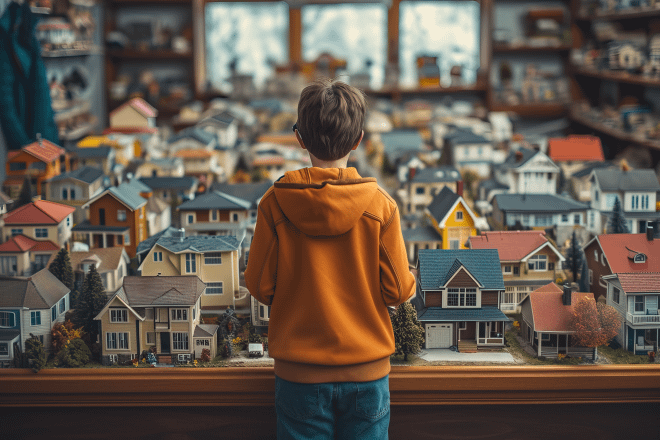 How to turn your dreams into goals: Find the 5 Reasons 6 Young boy observing a detailed miniature town model, illustrating the concept of turning your dreams into goals with perseverance.