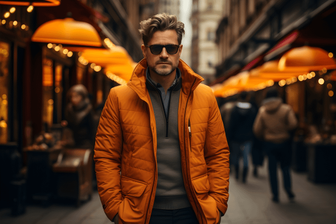 Growth Mindset Blueprint: Unlocking Your Full Potential to Reach Your Goals 6 Confident man in an orange jacket and sunglasses standing on a bustling city street, embodying the growth mindset