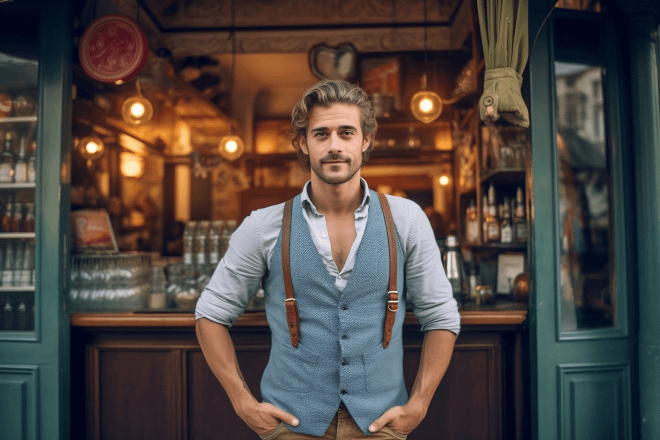 A confident young man with wavy hair and a neatly trimmed beard stands in front of a cozy, well-lit café. He wears a light blue vest over a white shirt with rolled-up sleeves, accessorized with leather suspenders, embodying a stylish and modern entrepreneur. The warm glow of hanging lights and the inviting ambiance of the café's interior reflect his entrepreneurial spirit. This image captures the essence of entrepreneurship, showcasing a dedicated individual ready to embrace the challenges and rewards of running his own business.