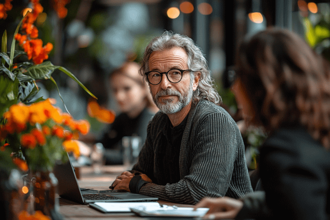 Smiling older man with gray hair and glasses working on a laptop in a café, symbolizing creativity, purpose, and entrepreneurship in retirement.