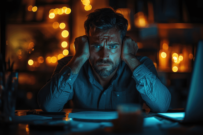 7 Proven Ways to Beat Distractions and Reclaim Your Focus. 6 Burnout and distraction: the silent enemies of focus. Stressed entrepreneur working late at night, struggling to focus at his desk