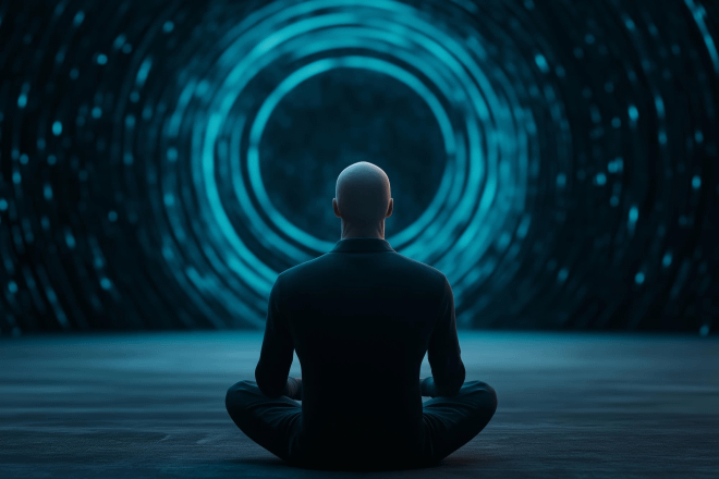 Mastering Emotional Discipline: How to Stay Calm, Focused, and Unstoppable 6 A calm person sits cross-legged in meditation, surrounded by glowing concentric blue rings, symbolizing inner focus, emotional control, and the power of discipline.