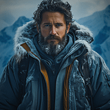 Stop Hiding Behind Perseverance: Decide or Be Left Behind. 10 A rugged man with a frosted beard stands in a snowy mountainous landscape, embodying perseverance as he faces harsh winter conditions in his thick, fur-lined parka, determined and resilient against the icy wilderness backdrop.